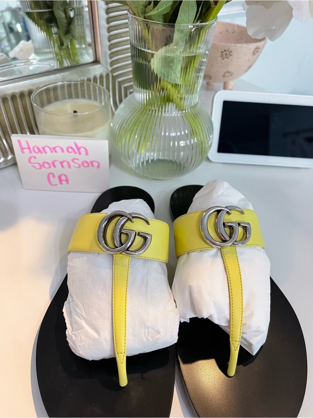 Gucci Yellow Leather Thong Sandals with Silver Double G